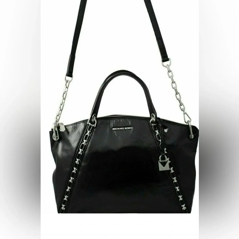 MICHAEL KORS Black Patent Leather Chain Stud Accented SADIE Satchel XBody